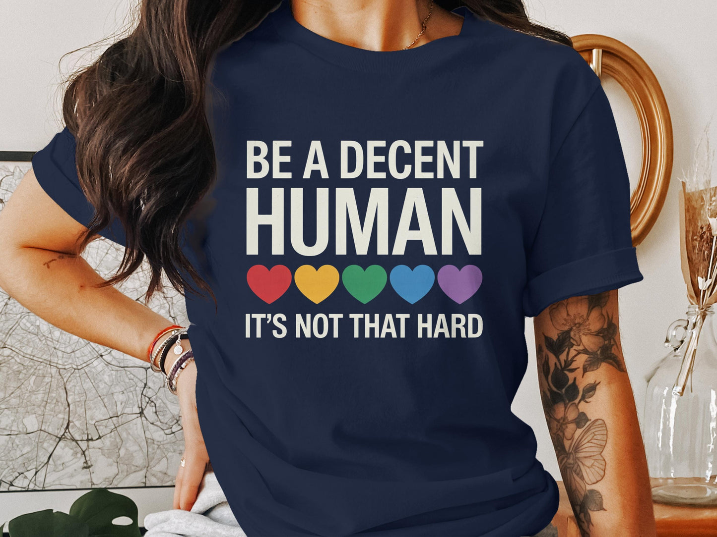 Be A Decent Human T-Shirt, Kindness Shirt, Equality T-Shirt, Pride T-Shirt, Human Rights T-Shirt, Inspirational Shirt, Rainbow Hearts Shirt XS / Navy