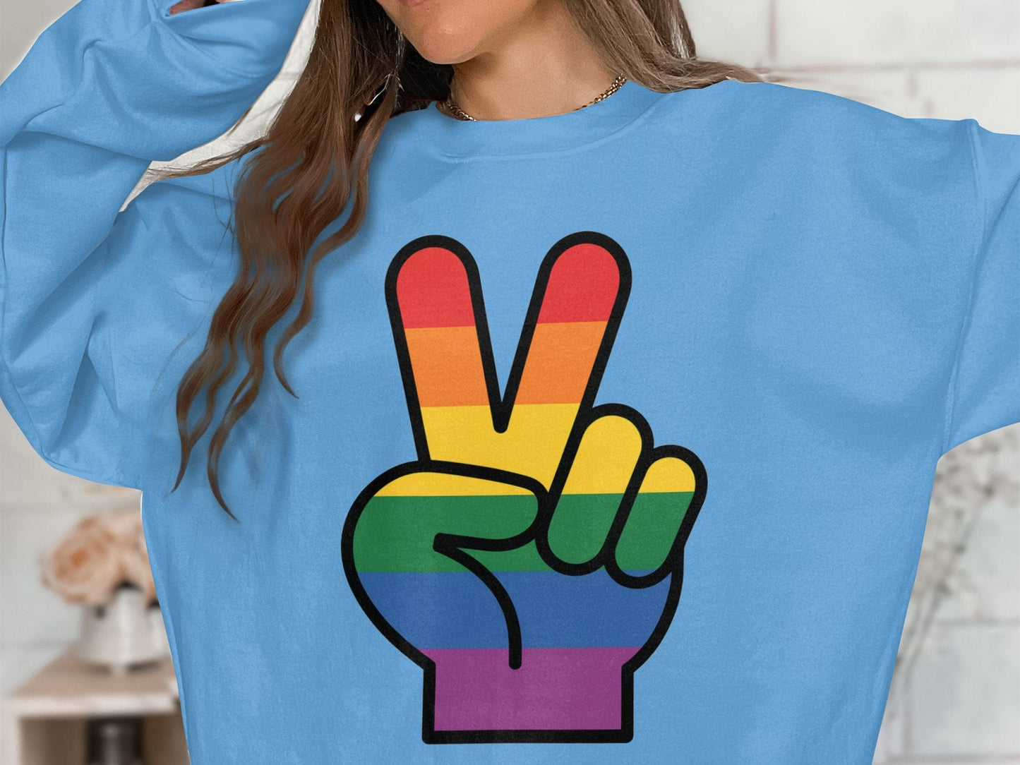 Rainbow Pride Peace Sign Symbol Graphic Design for LGBTQ T-Shirt Sweatshirt Hoodie S / Carolina Blue