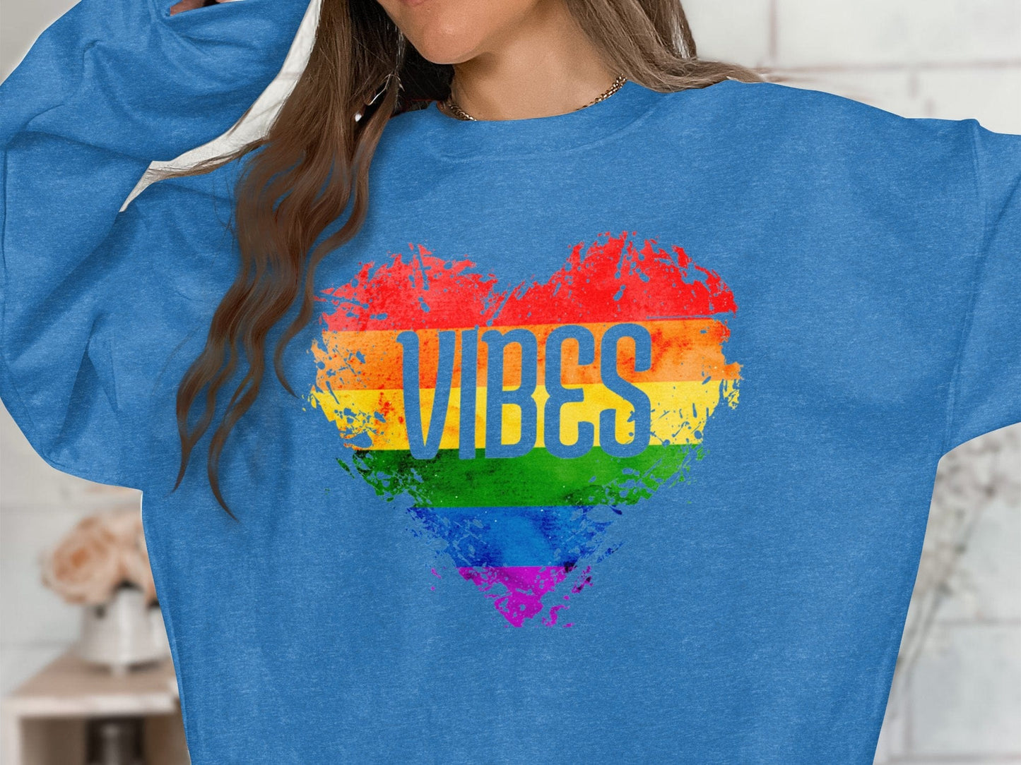 Rainbow Vibes Heart Sweatshirt S / Heather Deep Royal