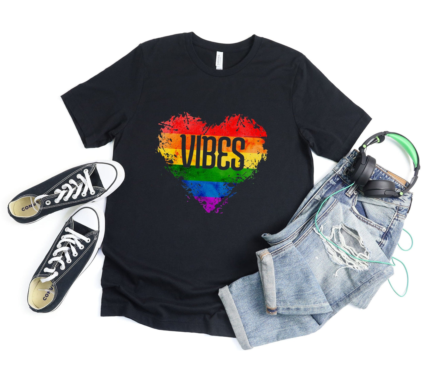 Rainbow Vibes Heart Tee XS / Black