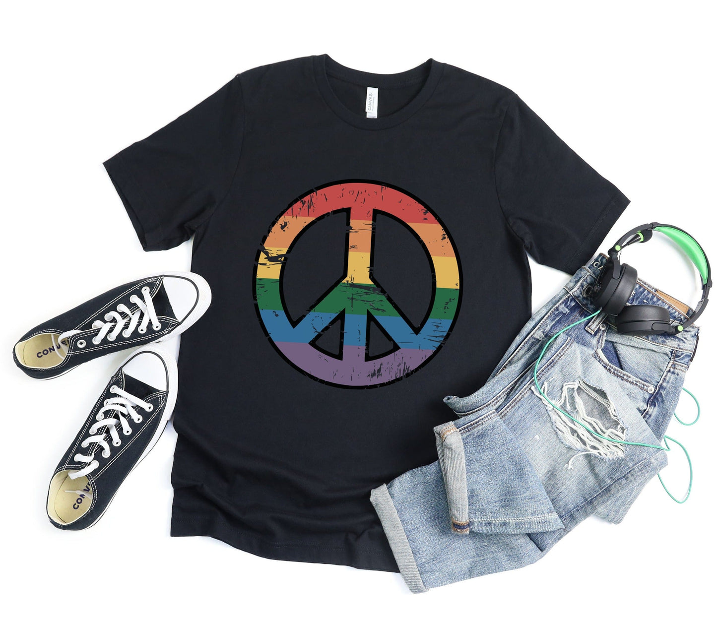 Vintage Rainbow Peace Symbol Tee XS / Solid Black Blend