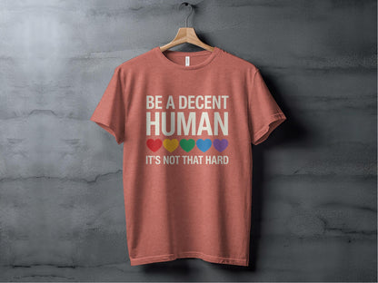 Be A Decent Human T-Shirt, Kindness Shirt, Equality T-Shirt, Pride T-Shirt, Human Rights T-Shirt, Inspirational Shirt, Rainbow Hearts Shirt XS / Heather Clay