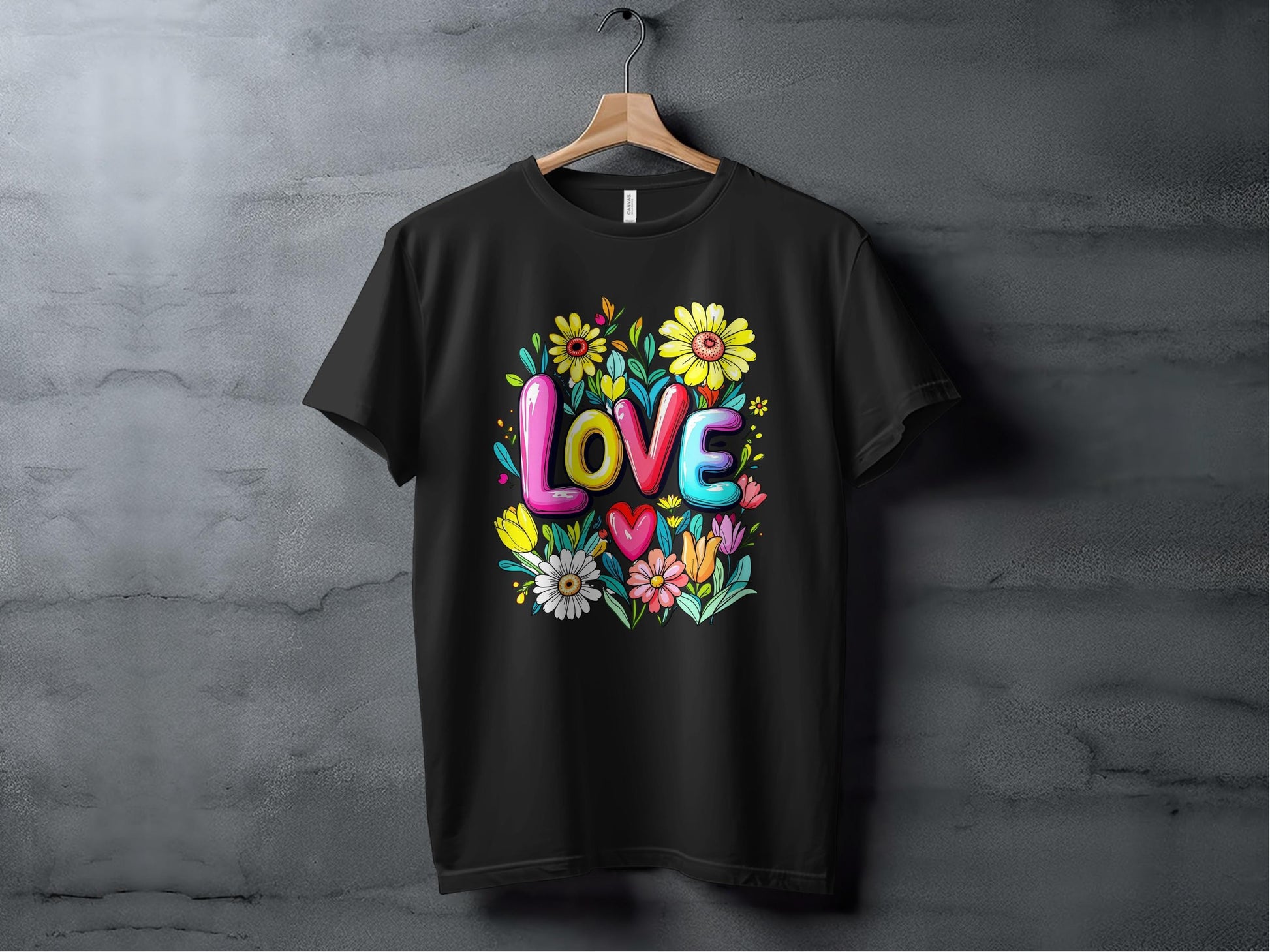 Floral Love T-Shirt, Flower T-Shirt, Trendy T-Shirt, Gift T-Shirt, Valentine T-Shirt, Colorful T-Shirt, T-Shirt for Her, Graphic Tee XS / Black