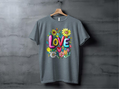 Floral Love T-Shirt, Flower T-Shirt, Trendy T-Shirt, Gift T-Shirt, Valentine T-Shirt, Colorful T-Shirt, T-Shirt for Her, Graphic Tee XS / Heather Slate