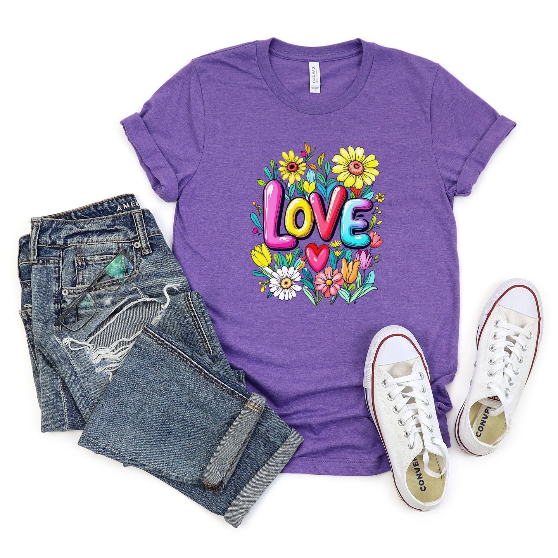 Floral Love T-Shirt, Flower T-Shirt, Trendy T-Shirt, Gift T-Shirt, Valentine T-Shirt, Colorful T-Shirt, T-Shirt for Her, Graphic Tee XS / Heather Team Purple