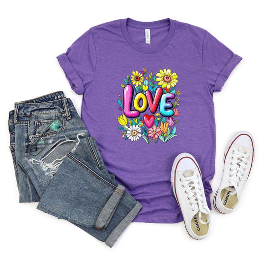 Floral Love T-Shirt, Flower T-Shirt, Trendy T-Shirt, Gift T-Shirt, Valentine T-Shirt, Colorful T-Shirt, T-Shirt for Her, Graphic Tee XS / Heather Team Purple