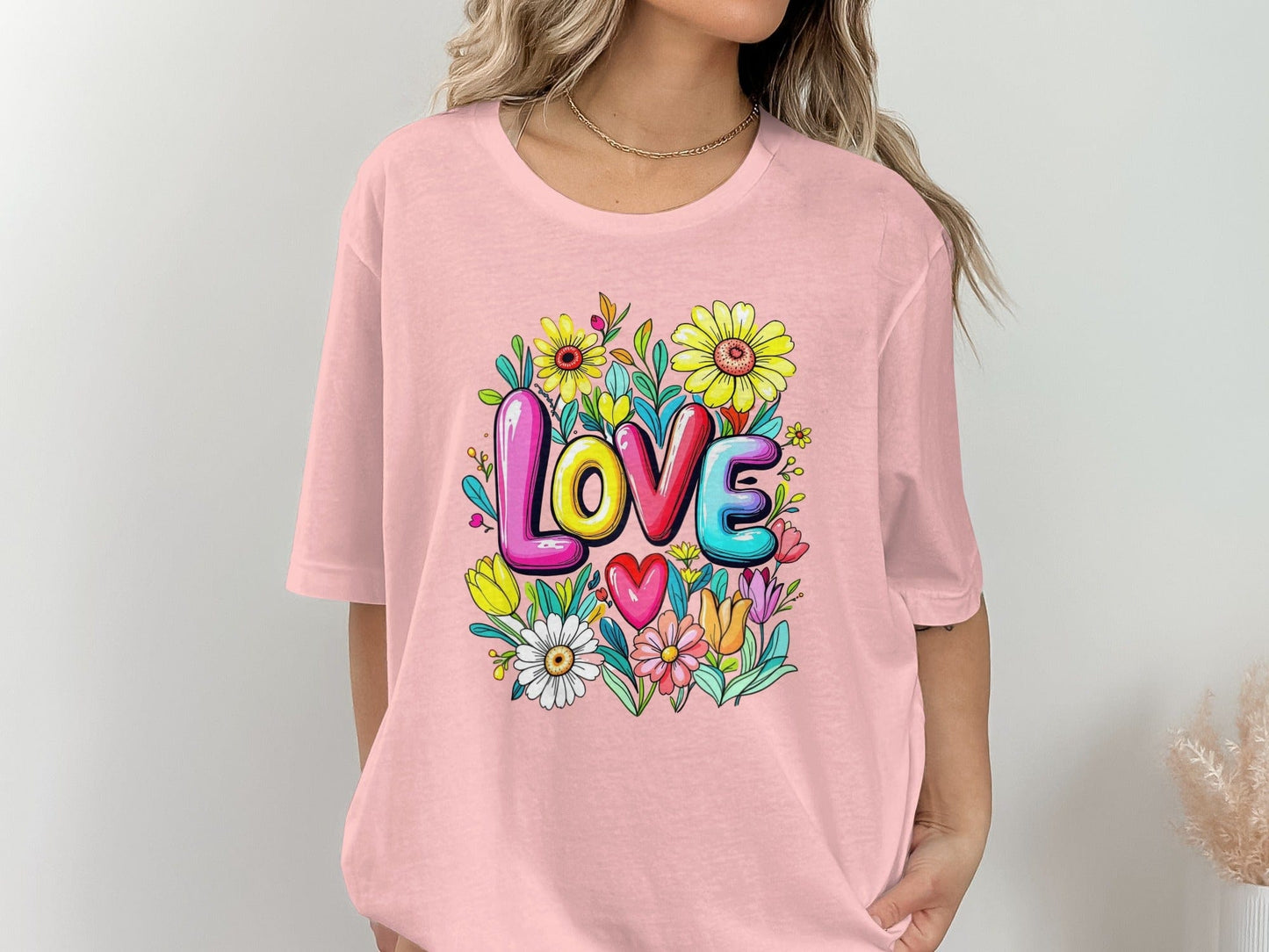 Floral Love T-Shirt, Flower T-Shirt, Trendy T-Shirt, Gift T-Shirt, Valentine T-Shirt, Colorful T-Shirt, T-Shirt for Her, Graphic Tee XS / Pink
