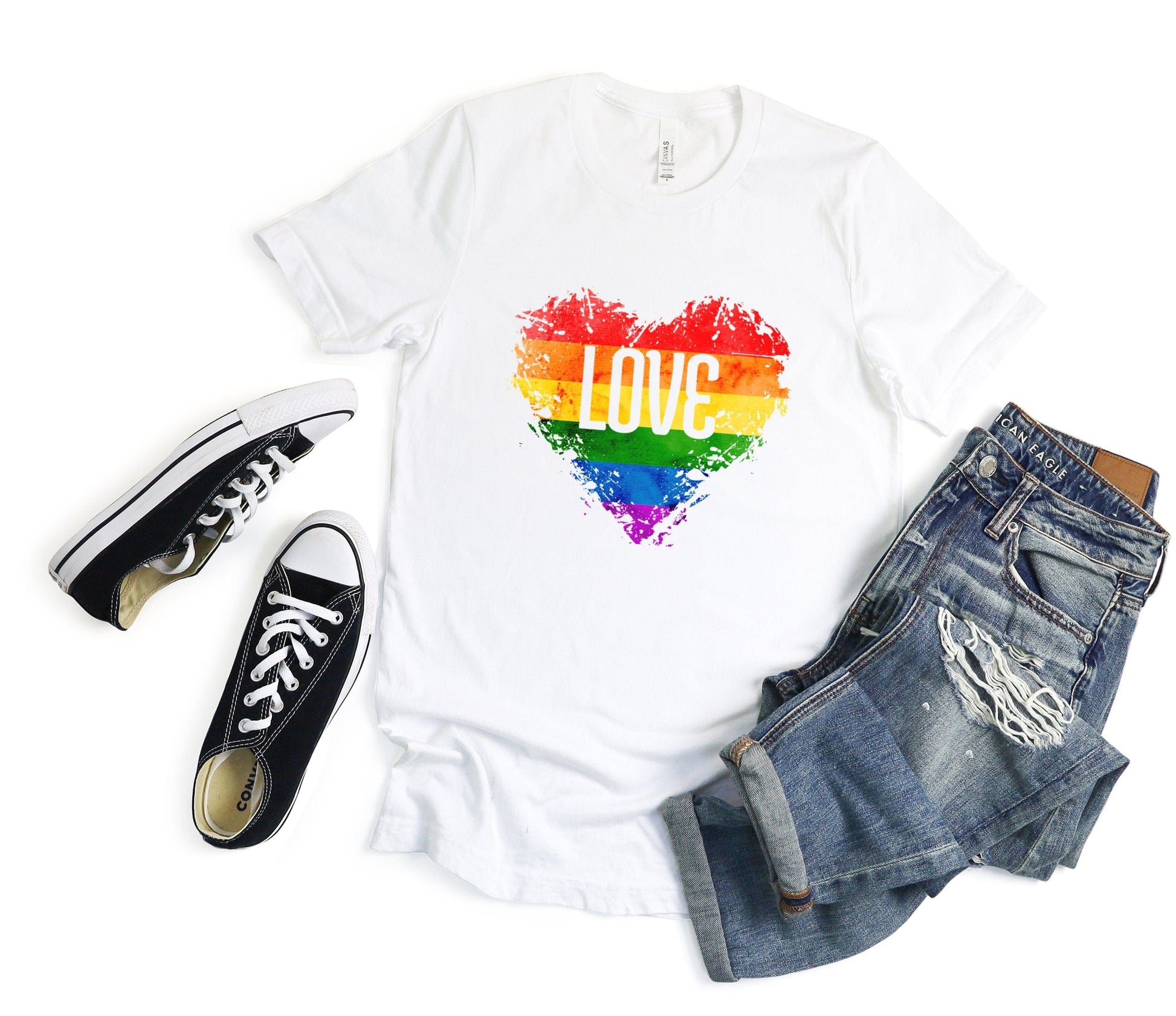 Rainbow Love Heart Tee XS / White